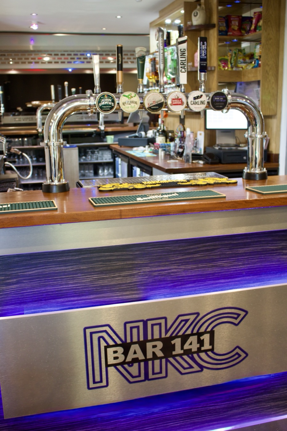 NKC Bar 141 illuminated stainless steel bar counter and draught beer taps